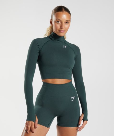 Women's Gymshark Vital Seamless 2.0 High Neck Midi Cropped Tops Dark Green | CA 1DA835